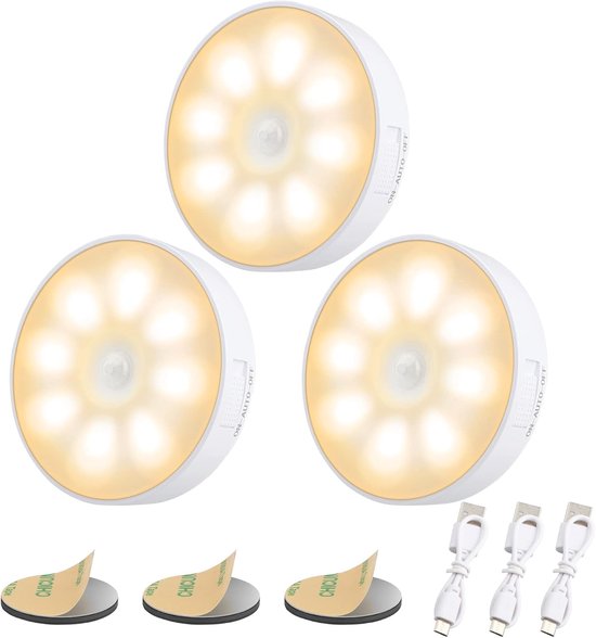 Nachtlamp Set - 8 LED Bewegingssensor Nachtverlichting - Oplaadbaar via USB en 3 Werkmodi - Automatisch Aan/Uit/Stand-by - Voor Slaapkamer, Gang en Toilet - 3000K Warm Wit Licht - 3 Stuks van Merkloos