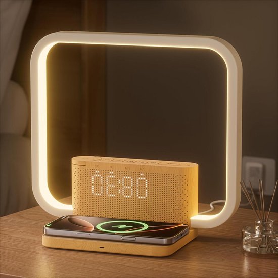 Nachtlamp Wekker - Sfeerverlichting Klok - Ontspannen Slapen - Draadloze Oplader - 10 Watt - Wit
