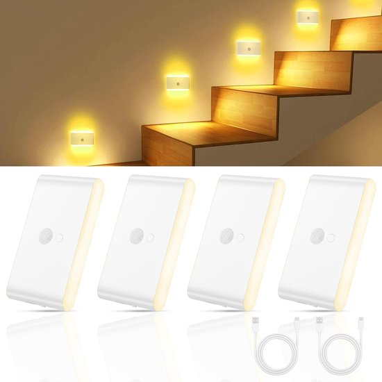 Nachtlampen met Sensor - Draadloze Wandlampjes - Donkere Plekken Verlichten - Bewegingsdetectie & Oplaadbaar - Set van 4 van Merkloos
