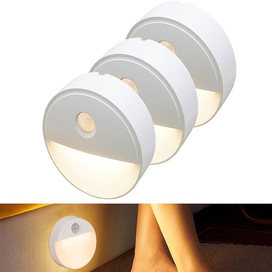 Nachtlampen - Trapverlichting - Kastlamp - Sensorlicht - Kastverlichting - Wandlamp Binnen - Warm Licht - Led Rond Nachtlampje Bewegingssensor - Nachtlampje Met Bewegingssensor - Draadloos Op Batterij - Voor Volwassenen En Kinderen - Set Van 3 van Merkloos