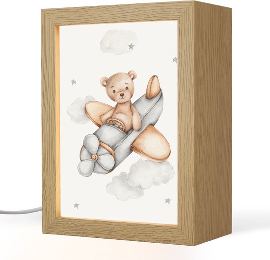 Nachtlampje 15x20 cm - Kinder lamp - Beer - Vliegtuig - Sterren - Kinderen - Tafellamp kinderkamer - Slaapkamer lamp - Bedlamp kinderen - Kinderlampje stopcontact - Wandlamp babykamer - Nachtlampjes van Little Lamb