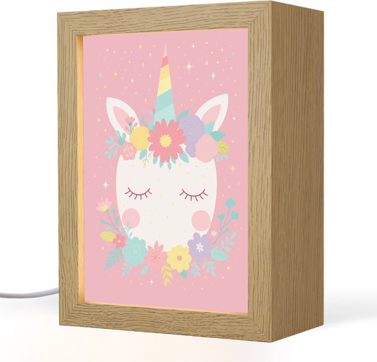 Nachtlampje 15x20 cm - Kinder lamp - Eenhoorn - Bloemen - Roze - Tafellamp kinderkamer - Slaapkamer lamp - Bedlamp kinderen - Kinderlampje stopcontact - Wandlamp babykamer - Nachtlampjes van Deco Belle