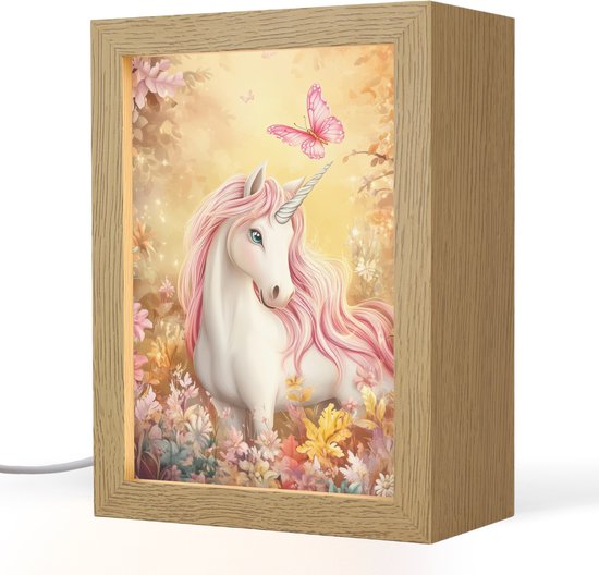 Nachtlampje 15x20 cm - Kinder lamp - Eenhoorn - Bloemen - Vlinder - Roze - Tafellamp kinderkamer - Slaapkamer lamp - Bedlamp kinderen - Kinderlampje stopcontact - Wandlamp babykamer - Nachtlampjes van Brilliant Kids
