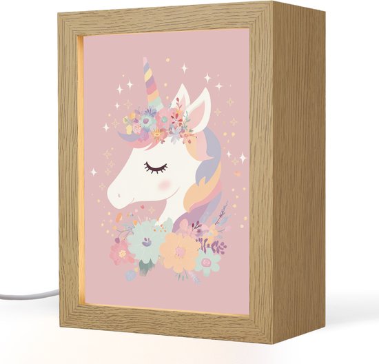 Nachtlampje 15x20 cm - Kinder lamp - Eenhoorn - Roze - Bloemen - Tafellamp kinderkamer - Slaapkamer lamp - Bedlamp kinderen - Kinderlampje stopcontact - Wandlamp babykamer - Nachtlampjes van Merkloos