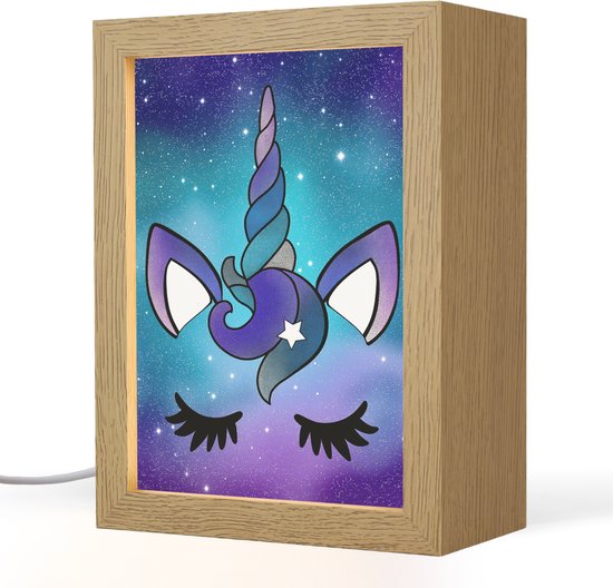 Nachtlampje 15x20 cm - Kinder lamp - Eenhoorn - Sterrenhemel - Ster - Blauw - Tafellamp kinderkamer - Slaapkamer lamp - Bedlamp kinderen - Kinderlampje stopcontact - Wandlamp babykamer - Nachtlampjes van Merkloos