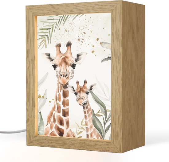 Nachtlampje 15x20 cm - Kinder lamp - Giraffe - Bladeren - Kinderen - Dieren - Jungle - Tafellamp kinderkamer - Slaapkamer lamp - Bedlamp kinderen - Kinderlampje stopcontact - Wandlamp babykamer - Nachtlampjes van Merkloos