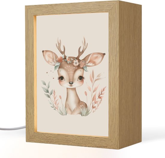 Nachtlampje 15x20 cm - Kinder lamp - Hert - Bohemian - Bloemen - Bosdieren - Tafellamp kinderkamer - Slaapkamer lamp - Bedlamp kinderen - Kinderlampje stopcontact - Wandlamp babykamer - Nachtlampjes van Merkloos
