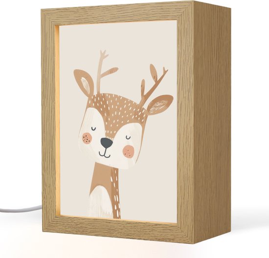 Nachtlampje 15x20 cm - Kinder lamp - Hert - Bosdieren - Beige - Tafellamp kinderkamer - Slaapkamer lamp - Bedlamp kinderen - Kinderlampje stopcontact - Wandlamp babykamer - Nachtlampjes van Merkloos