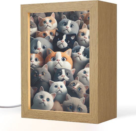 Nachtlampje 15x20 cm - Kinder lamp - Kat - Dieren - Poes - Grijs - Patronen - Kind - Tafellamp kinderkamer - Slaapkamer lamp - Bedlamp kinderen - Kinderlampje stopcontact - Wandlamp babykamer - Nachtlampjes van Merkloos