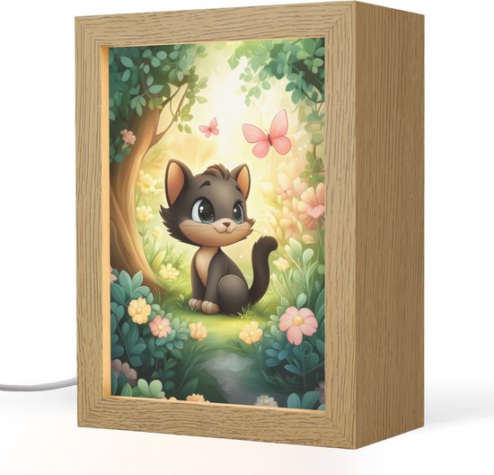 Nachtlampje 15x20 cm - Kinder lamp - Kat - Zwart - Bos - Vlinders - Tafellamp kinderkamer - Slaapkamer lamp - Bedlamp kinderen - Kinderlampje stopcontact - Wandlamp babykamer - Nachtlampjes van Merkloos