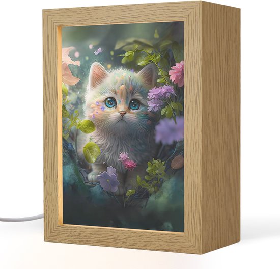 Nachtlampje 15x20 cm - Kinder lamp - Kitten - Bloemen - Bos - Illustratie - Poes - Tafellamp kinderkamer - Slaapkamer lamp - Bedlamp kinderen - Kinderlampje stopcontact - Wandlamp babykamer - Nachtlampjes van Merkloos