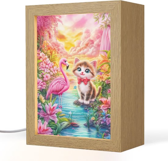 Nachtlampje 15x20 cm - Kinder lamp - Kitten - Flamingo - Bloemen - Tafellamp kinderkamer - Slaapkamer lamp - Bedlamp kinderen - Kinderlampje stopcontact - Wandlamp babykamer - Nachtlampjes van Merkloos