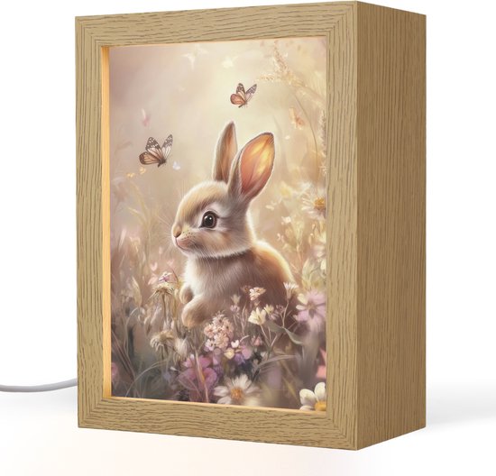 Nachtlampje 15x20 cm - Kinder lamp - Konijntje - Bruin - Bloemen - Vlinders - Tafellamp kinderkamer - Slaapkamer lamp - Bedlamp kinderen - Kinderlampje stopcontact - Wandlamp babykamer - Nachtlampjes van Merkloos