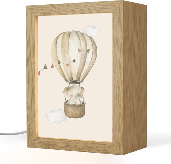 Nachtlampje 15x20 cm - Kinder lamp - Luchtballon - Olifant - Watercolor - Beige - Dieren - Tafellamp kinderkamer - Slaapkamer lamp - Bedlamp kinderen - Kinderlampje stopcontact - Wandlamp babykamer - Nachtlampjes van Merkloos