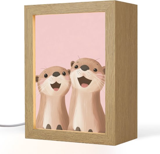 Nachtlampje 15x20 cm - Kinder lamp - Otters - Glimlach - Bruin - Tafellamp kinderkamer - Slaapkamer lamp - Bedlamp kinderen - Kinderlampje stopcontact - Wandlamp babykamer - Nachtlampjes van Merkloos