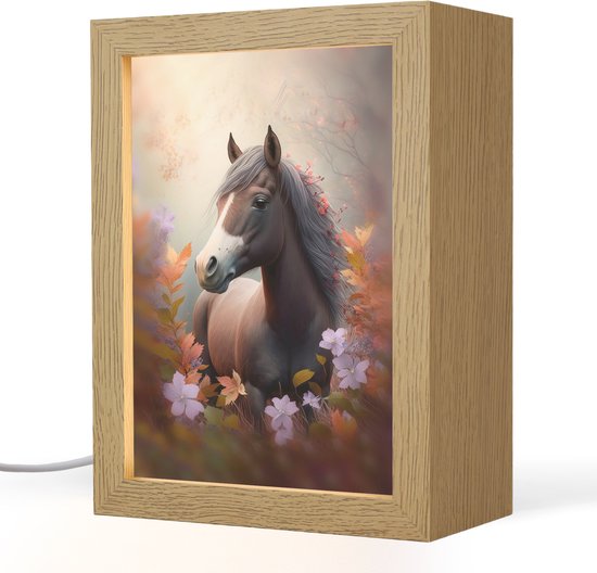 Nachtlampje 15x20 cm - Kinder lamp - Paard - Bloemen - Natuur - Paars - Dieren - Tafellamp kinderkamer - Slaapkamer lamp - Bedlamp kinderen - Kinderlampje stopcontact - Wandlamp babykamer - Nachtlampjes van Merkloos