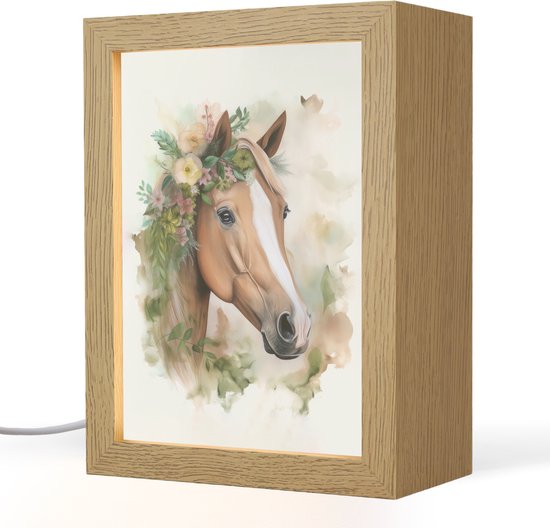 Nachtlampje 15x20 cm - Kinder lamp - Paard - Bloemen - Natuur - Waterverf - Dieren - Tafellamp kinderkamer - Slaapkamer lamp - Bedlamp kinderen - Kinderlampje stopcontact - Wandlamp babykamer - Nachtlampjes van Merkloos