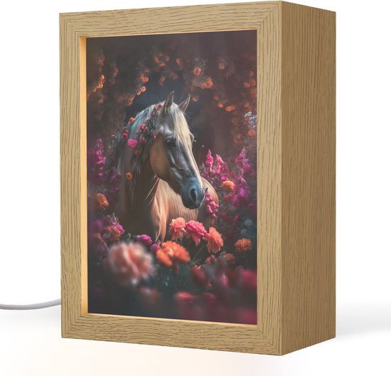 Nachtlampje 15x20 cm - Kinder lamp - Paard - Bloemen - Paars - Oranje - Dieren - Tafellamp kinderkamer - Slaapkamer lamp - Bedlamp kinderen - Kinderlampje stopcontact - Wandlamp babykamer - Nachtlampjes van Merkloos