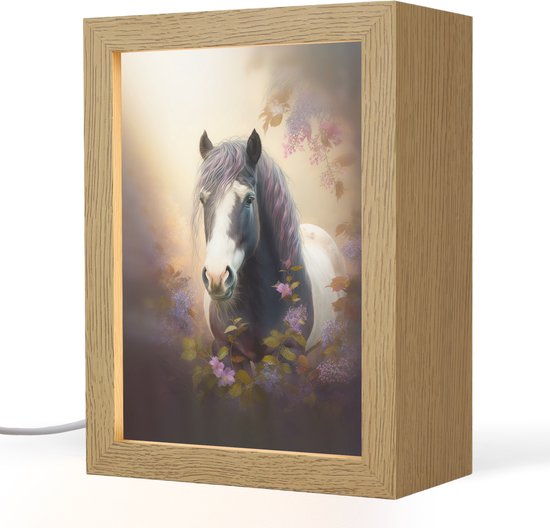 Nachtlampje 15x20 cm - Kinder lamp - Paard - Natuur - Dieren - Bloemen - Paars - Tafellamp kinderkamer - Slaapkamer lamp - Bedlamp kinderen - Kinderlampje stopcontact - Wandlamp babykamer - Nachtlampjes van Merkloos