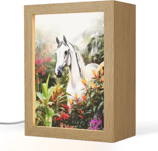 Nachtlampje 15x20 cm - Kinder lamp - Paard - Wit - Bos - Bloemen - Planten - Tafellamp kinderkamer - Slaapkamer lamp - Bedlamp kinderen - Kinderlampje stopcontact - Wandlamp babykamer - Nachtlampjes van Merkloos