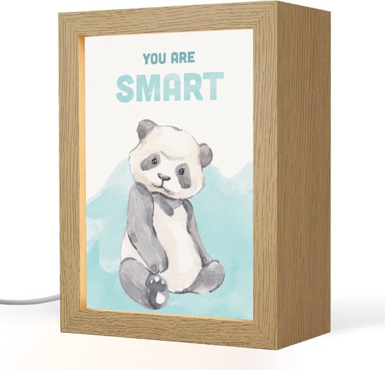 Nachtlampje 15x20 cm - Kinder lamp - Panda - Blauw - Quote - 'You are smart' - Tafellamp kinderkamer - Slaapkamer lamp - Bedlamp kinderen - Kinderlampje stopcontact - Wandlamp babykamer - Nachtlampjes van DecoAction
