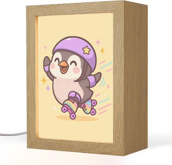Nachtlampje 15x20 cm - Kinder lamp - Pinguïn - Rolschaatsen - Geel - Energiek - Tafellamp kinderkamer - Slaapkamer lamp - Bedlamp kinderen - Kinderlampje stopcontact - Wandlamp babykamer - Nachtlampjes van Merkloos