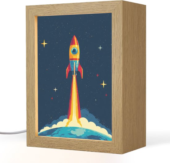 Nachtlampje 15x20 cm - Kinder lamp - Raket - Rookwolken - Ruimte - Tafellamp kinderkamer - Slaapkamer lamp - Bedlamp kinderen - Kinderlampje stopcontact - Wandlamp babykamer - Nachtlampjes van Merkloos