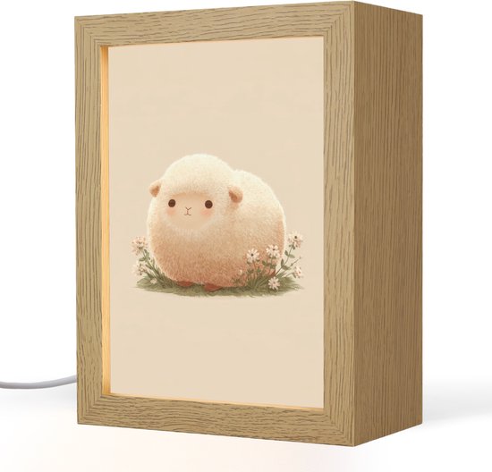 Nachtlampje 15x20 cm - Kinder lamp - Schaap - Beige - Bloemen - Tafellamp kinderkamer - Slaapkamer lamp - Bedlamp kinderen - Kinderlampje stopcontact - Wandlamp babykamer - Nachtlampjes van Merkloos