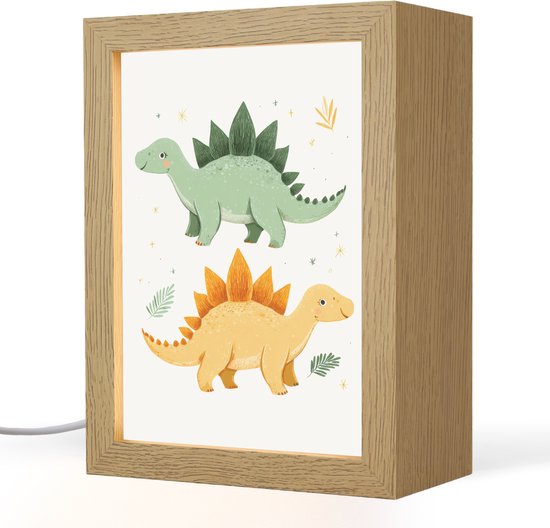 Nachtlampje 15x20 cm - Kinder lamp - Sterren - Stegosaurussen - Blaadjes - Groen - Tafellamp kinderkamer - Slaapkamer lamp - Bedlamp kinderen - Kinderlampje stopcontact - Wandlamp babykamer - Nachtlampjes van Merkloos