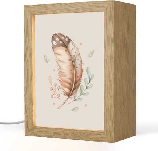Nachtlampje 15x20 cm - Kinder lamp - Veer - Bohemian - Boho - Pastel kleuren - Tafellamp kinderkamer - Slaapkamer lamp - Bedlamp kinderen - Kinderlampje stopcontact - Wandlamp babykamer - Nachtlampjes van Merkloos