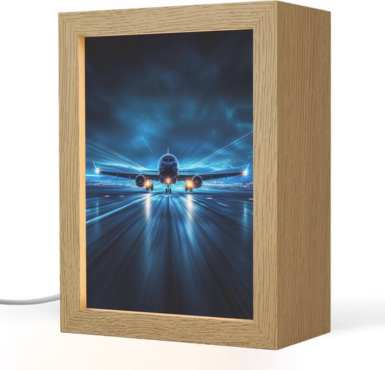 Nachtlampje 15x20 cm - Kinder lamp - Vliegtuig - Blauw - Futuristisch - Tafellamp kinderkamer - Slaapkamer lamp - Bedlamp kinderen - Kinderlampje stopcontact - Wandlamp babykamer - Nachtlampjes van Merkloos