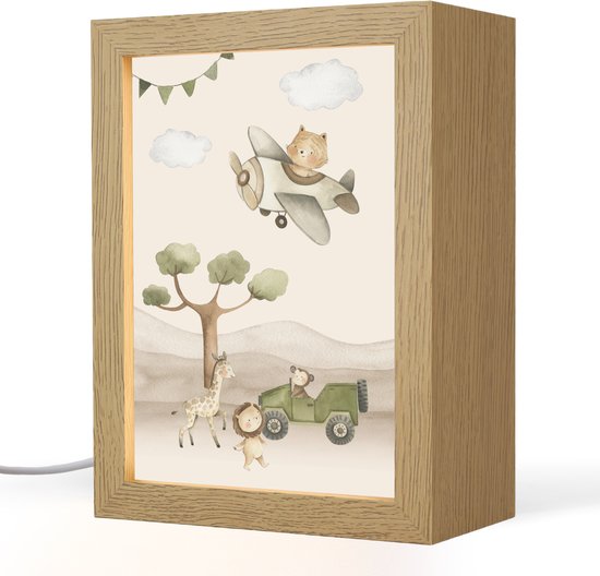 Nachtlampje 15x20 cm - Kinder lamp - Wilde dieren - Safari - Pastel kleuren - Watercolor - Vliegtuig - Tafellamp kinderkamer - Slaapkamer lamp - Bedlamp kinderen - Kinderlampje stopcontact - Wandlamp babykamer - Nachtlampjes van Merkloos