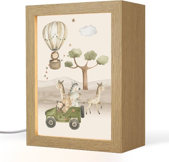 Nachtlampje 15x20 cm - Kinder lamp - Wilde dieren - Safari - Watercolor - Luchtballon - Tafellamp kinderkamer - Slaapkamer lamp - Bedlamp kinderen - Kinderlampje stopcontact - Wandlamp babykamer - Nachtlampjes van Merkloos