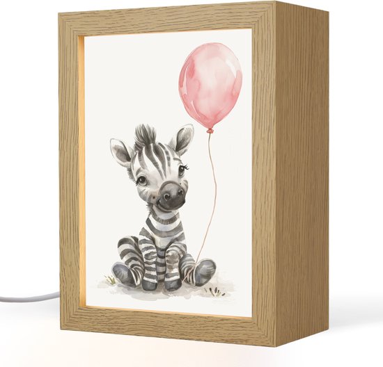 Nachtlampje 15x20 cm - Kinder lamp - Zebra - Baby - Dieren - Roze ballon - Tafellamp kinderkamer - Slaapkamer lamp - Bedlamp kinderen - Kinderlampje stopcontact - Wandlamp babykamer - Nachtlampjes van Merkloos