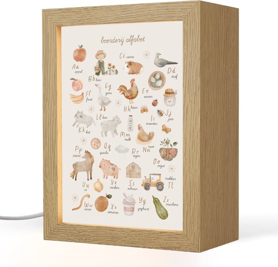 Nachtlampje 15x20 cm - Kinder lampje - Alfabet - Boerderij - Educatief - Letters leren voor kinderen - Dieren - Tafellamp kinderkamer - Slaapkamer lamp - Bedlamp kinderen - Kinderlampje stopcontact - Wandlamp babykamer - Nachtlampjes van Merkloos