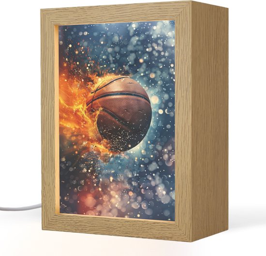 Nachtlampje 15x20 cm - Kinder lampje - Basketbal - Vuur - Sport - Blauw - Oranje - Tafellamp kinderkamer - Slaapkamer lamp - Bedlamp kinderen - Kinderlampje stopcontact - Wandlamp babykamer - Nachtlampjes van Merkloos