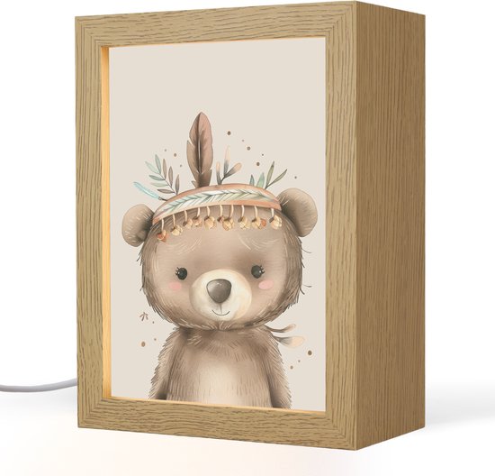 Nachtlampje 15x20 cm - Kinder lampje - Beer - Boho - Indianentooi - Dieren - Tafellamp kinderkamer - Slaapkamer lamp - Bedlamp kinderen - Kinderlampje stopcontact - Wandlamp babykamer - Nachtlampjes