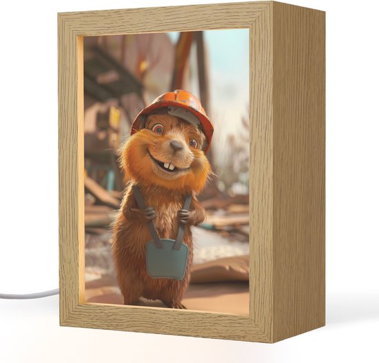 Nachtlampje 15x20 cm - Kinder lampje - Bever - Bouw - Bouwhelm - Dier - Tafellamp kinderkamer - Slaapkamer lamp - Bedlamp kinderen - Kinderlampje stopcontact - Wandlamp babykamer - Nachtlampjes van Merkloos