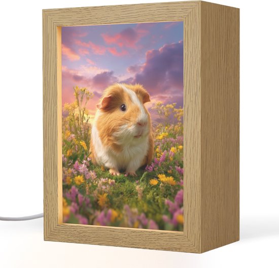 Nachtlampje 15x20 cm - Kinder lampje - Cavia - Kleurrijk - Bloemen - Tafellamp kinderkamer - Slaapkamer lamp - Bedlamp kinderen - Kinderlampje stopcontact - Wandlamp babykamer - Nachtlampjes van Merkloos