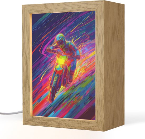 Nachtlampje 15x20 cm - Kinder lampje - Crossmotor - Neonkleuren - Lijnen - Helm - Tafellamp kinderkamer - Slaapkamer lamp - Bedlamp kinderen - Kinderlampje stopcontact - Wandlamp babykamer - Nachtlampjes van Merkloos