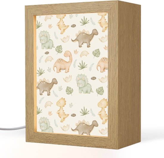 Nachtlampje 15x20 cm - Kinder lampje - Dino - Patroon - Pastel - Tafellamp kinderkamer - Slaapkamer lamp - Bedlamp kinderen - Kinderlampje stopcontact - Wandlamp babykamer - Nachtlampjes van Merkloos