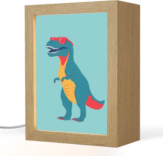 Nachtlampje 15x20 cm - Kinder lampje - Dinosaurus - Blauw - Zonnebril - Tafellamp kinderkamer - Slaapkamer lamp - Bedlamp kinderen - Kinderlampje stopcontact - Wandlamp babykamer - Nachtlampjes