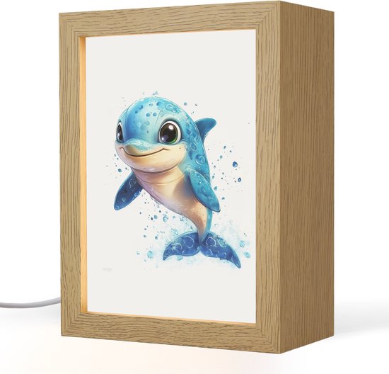 Nachtlampje 15x20 cm - Kinder lampje - Dolfijn - Blauw - Water - Druppels - Tafellamp kinderkamer - Slaapkamer lamp - Bedlamp kinderen - Kinderlampje stopcontact - Wandlamp babykamer - Nachtlampjes van OnlyWow