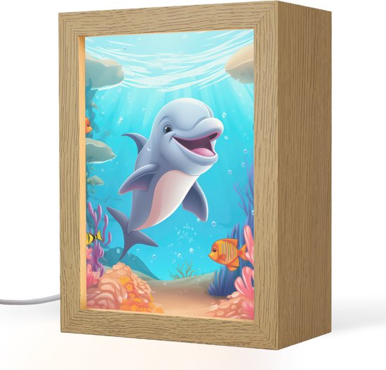 Nachtlampje 15x20 cm - Kinder lampje - Dolfijn - Zeedieren - Onderwater - Kinderen - Meisjes - Tafellamp kinderkamer - Slaapkamer lamp - Bedlamp kinderen - Kinderlampje stopcontact - Wandlamp babykamer - Nachtlampjes
