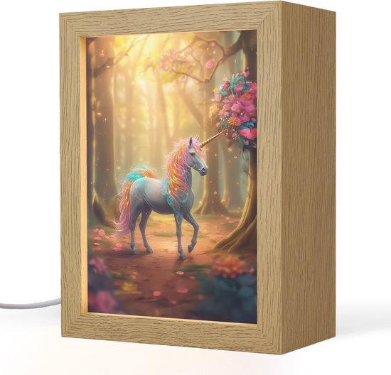 Nachtlampje 15x20 cm - Kinder lampje - Eenhoorn - Bos - Kleurrijk - Bloemen - Meiden - Tafellamp kinderkamer - Slaapkamer lamp - Bedlamp kinderen - Kinderlampje stopcontact - Wandlamp babykamer - Nachtlampjes van N\A