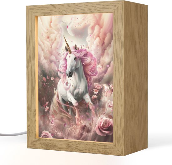 Nachtlampje 15x20 cm - Kinder lampje - Eenhoorn - Meisje - Roze - Bloemen - Sprookje - Tafellamp kinderkamer - Slaapkamer lamp - Bedlamp kinderen - Kinderlampje stopcontact - Wandlamp babykamer - Nachtlampjes