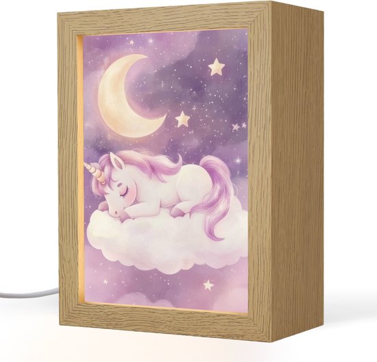 Nachtlampje 15x20 cm - Kinder lampje - Eenhoorn - Paars - Sterrenhemel - Maan - Tafellamp kinderkamer - Slaapkamer lamp - Bedlamp kinderen - Kinderlampje stopcontact - Wandlamp babykamer - Nachtlampjes van Merkloos