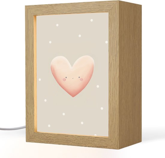 Nachtlampje 15x20 cm - Kinder lampje - Hart - Gezicht - Roze - Stippen - Tafellamp kinderkamer - Slaapkamer lamp - Bedlamp kinderen - Kinderlampje stopcontact - Wandlamp babykamer - Nachtlampjes