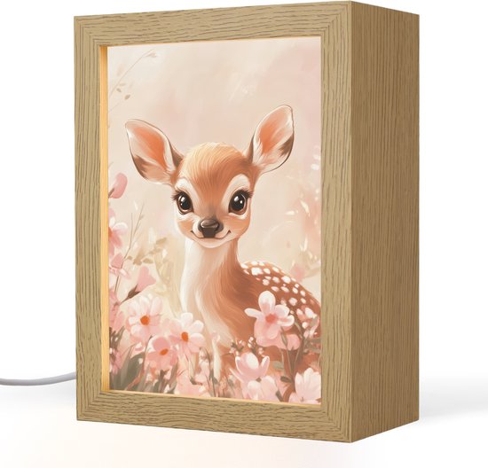 Nachtlampje 15x20 cm - Kinder lampje - Hertje - Illustratie - Bloemen - Roze - Tafellamp kinderkamer - Slaapkamer lamp - Bedlamp kinderen - Kinderlampje stopcontact - Wandlamp babykamer - Nachtlampjes van Merkloos