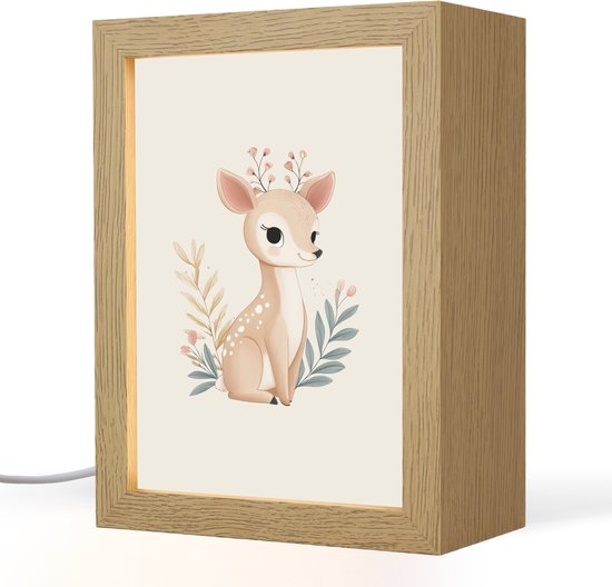 Nachtlampje 15x20 cm - Kinder lampje - Hertje - Minimalistisch - Aquarel - Bladeren - Tafellamp kinderkamer - Slaapkamer lamp - Bedlamp kinderen - Kinderlampje stopcontact - Wandlamp babykamer - Nachtlampjes van Merkloos
